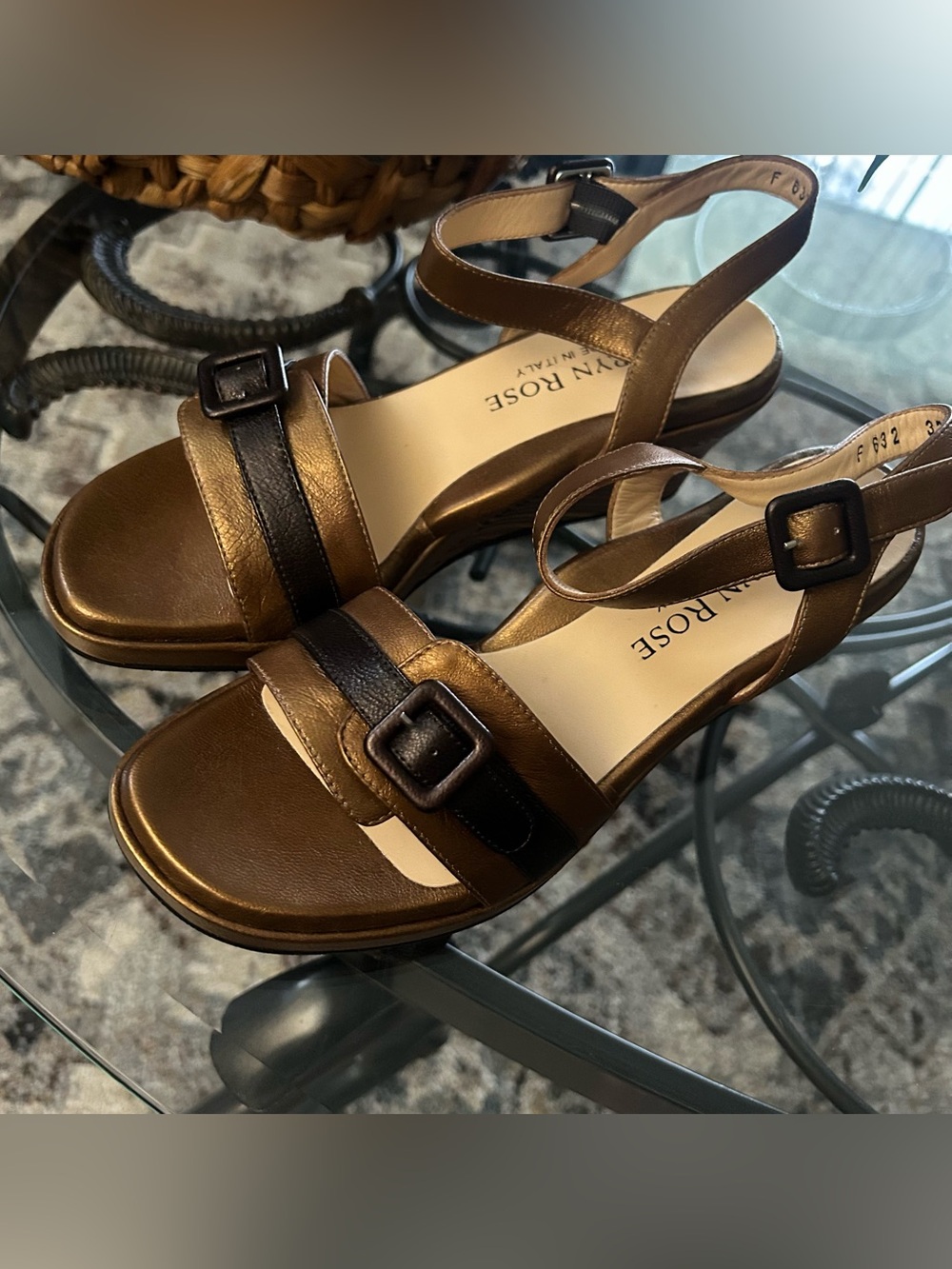 Taryn Rose Metallic Bronze Buckle Leather Sandals